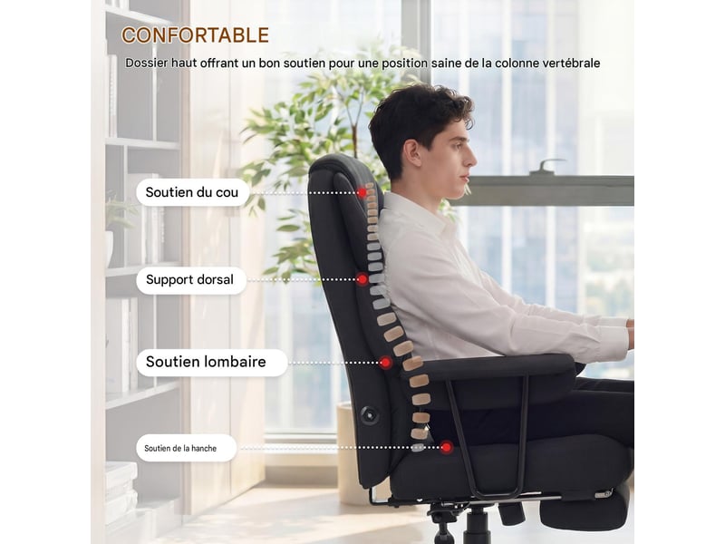  Fauteuil de bureau massant avec repose-pieds inclinable similicuir noir 77x72x122,5 cm  - Conforama E