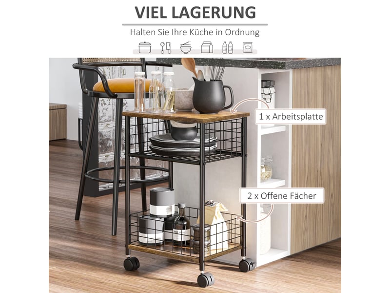 Chariot de service bois brun rustique avec plan de travail et 2 paniers, roulettes 360°, 40x30x62 cm - Conforama D