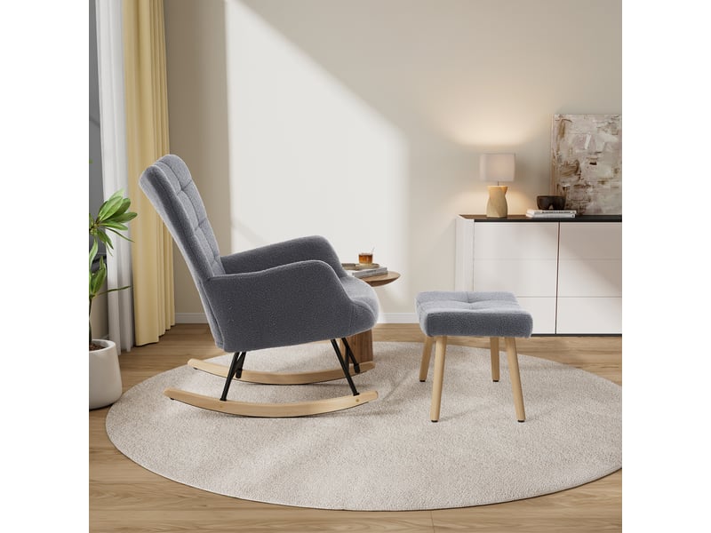 Modenvie fauteuil à bascule 91x61x88 cm - dossier haut, repose-pieds et assise rembourrée - pour salon - gris  - Conforama E