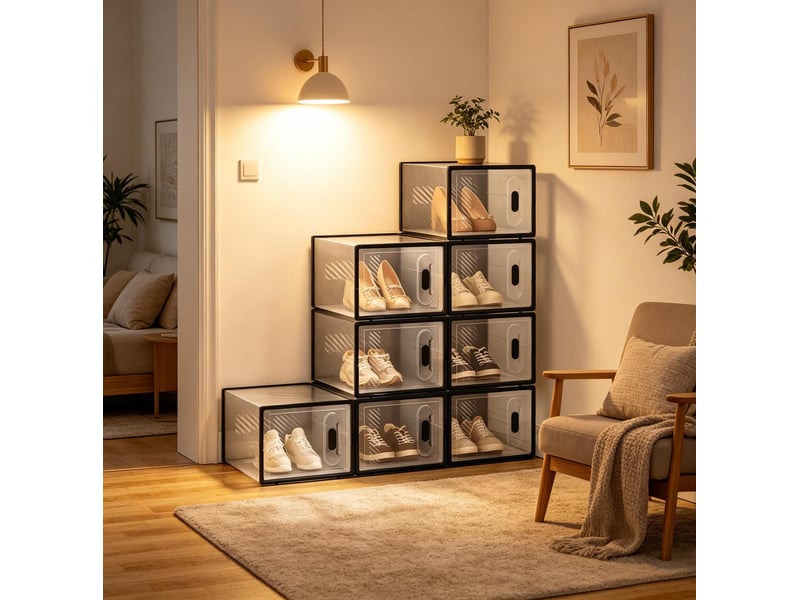  Boîtes à chaussures empilables tcqpz lot de 8 modulaires à ouverture frontale transparent et noir 25 x 18,5 x 35,5 cm  - Conforama E