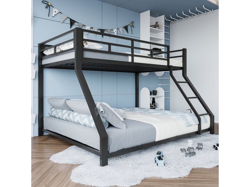 Lit superposé métal noir robuste avec escalier sécurisé, lit superposé 90x200 et 140x200 cm, certifié en747 pour enfants, sans matelas. - Conforama R