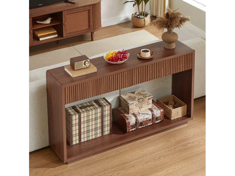  Console d'entrée 150x35x85 cm 2 tiroirs en panneau de particules couleur marron, design simple  - Conforama B