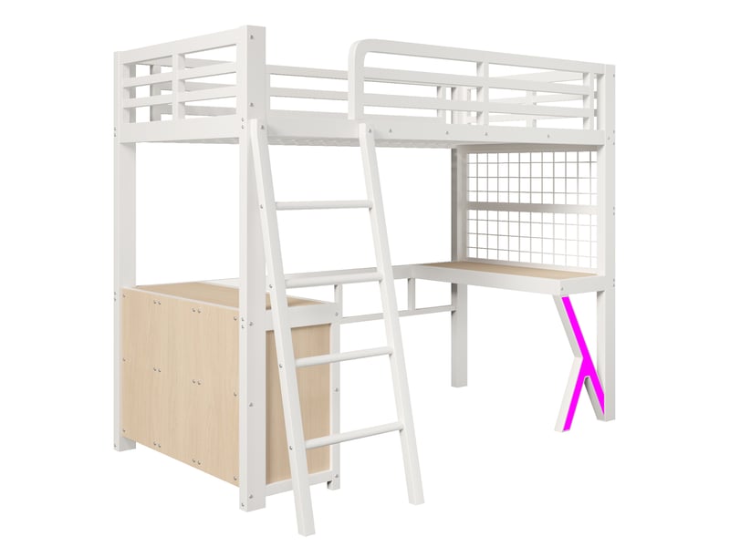  Lit mezzanine 90x200 cm avec bureau, led violette, armoire de rangement, métal et mdf, blanc OMNIGLINT TRADING LTD - Conforama A