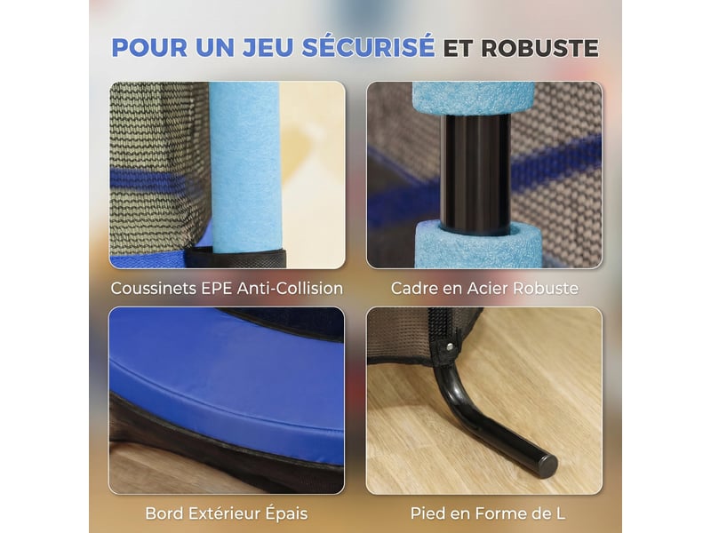 Trampoline enfant ø 1,63 × 1,9h m filet de sécurité porte zipée couvre-ressorts 6 poteaux rembourrés inclus bleu - Conforama W