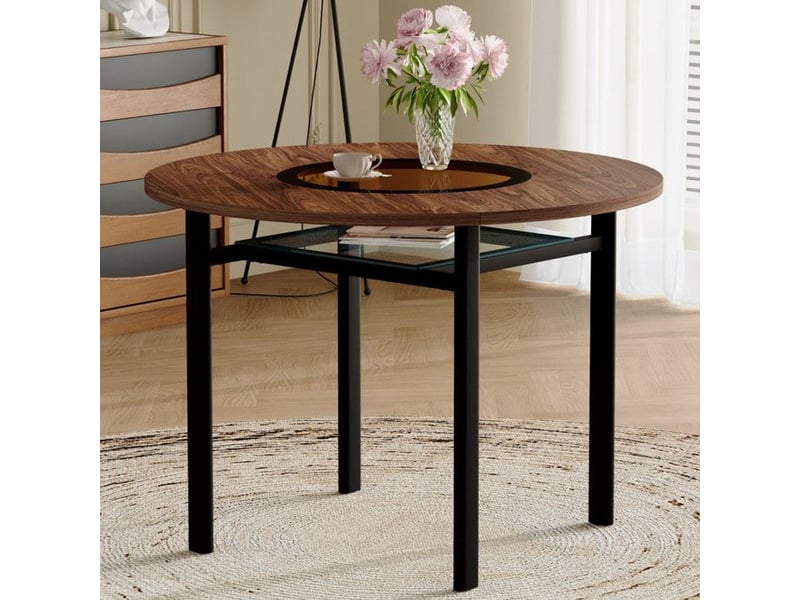  Table ronde moderne - 100 cm - bois brun - verre brun-gris - métal noir bicolore - Conforama C