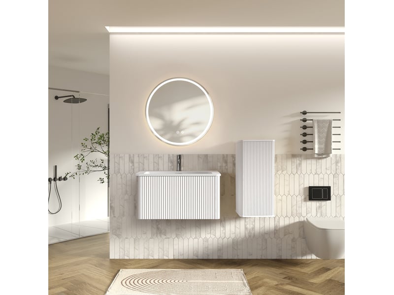  Armoire de salle de bain suspendue avec 1 vasque, miroir led et meuble latéral pour salle de bain, blanc  - Conforama B