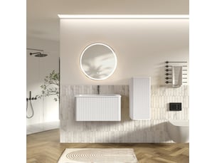 Armoire de salle de bain suspendue avec 1 vasque, miroir led et meuble latéral pour salle de bain, blanc