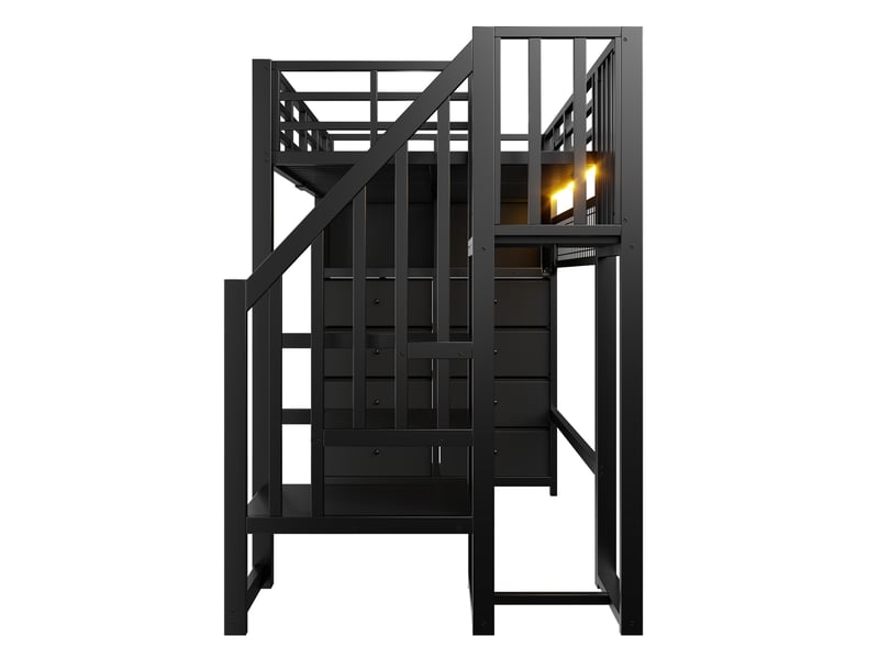  Lit mezzanine 90x200 cm noir, avec 8 tiroirs, escalier de rangement, penderie, led 7 couleurs, structure métal, sommier inclus, sans matelas  - Conforama D