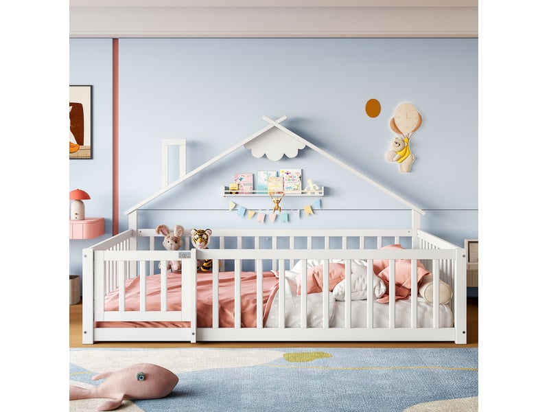  Lit enfant maison 140x190 cm, barrière 32 cm avec serrure, design cabane, montage facile, pin mdf, blanc, sans matelas  - Conforama B