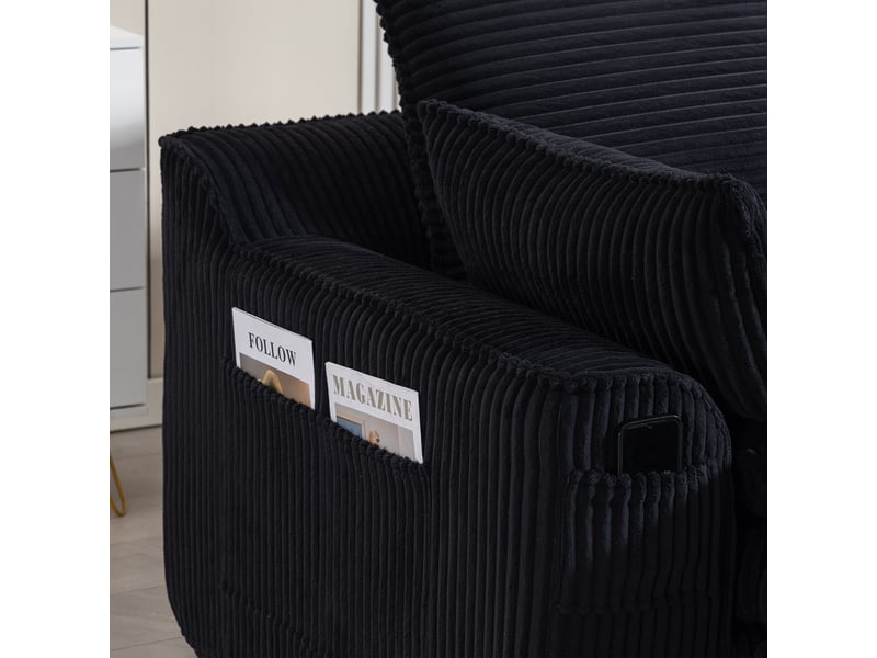 Canapé modulable 3 places en velours côtelé noir avec pouf, coussins et 2 poches latérales  - Conforama R