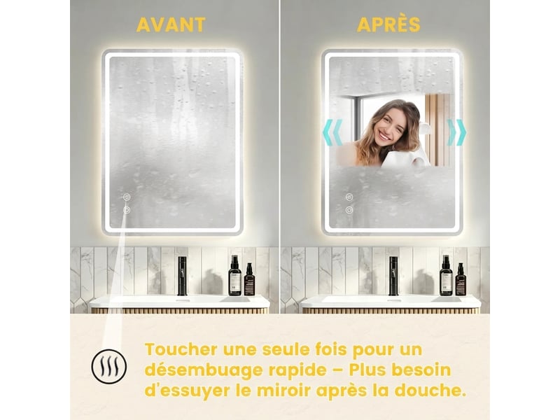  Miroir salle de bain led 60x80 mural lumineux sans cadre anti-buée  - Conforama C