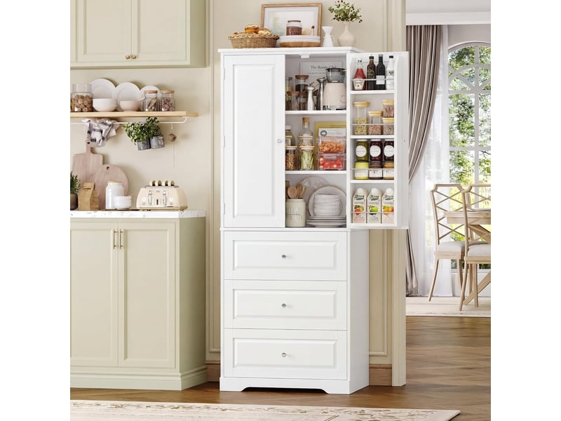 Buffet haut cuisine 150 cm vaisselier avec étagère de porte blanc - Conforama B