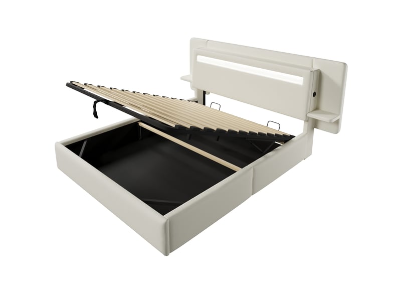  Lit coffre capitonné 140 x 200 cm - avec rangement coffre - table de chevet, port usb et led - mdf + lin - beige (sans matelas)  - Conforama W