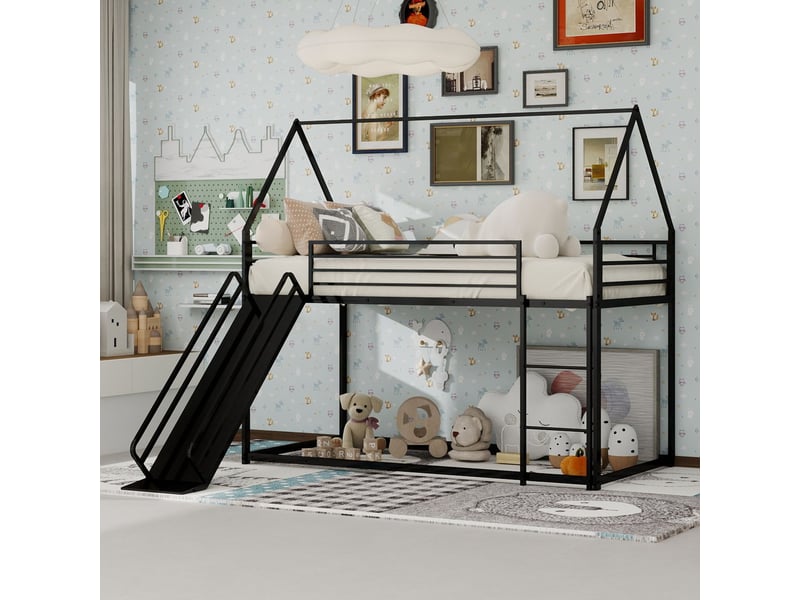  Lit superposé enfant 90x190 cm superposé avec toboggan et échelle, cadre en métal noir, design ludique et gain de place pour chambre  - Conforama A