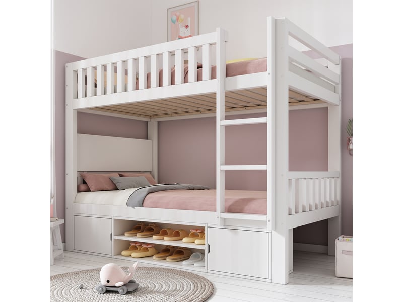 Lit superposé enfant 90×200 et 90×200 cm table rabattable et rangement - sans matelas, bois - blanc  - Conforama C