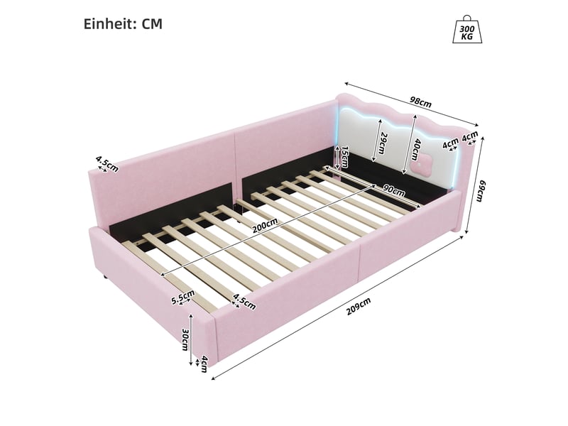  Lit de jour 90x200 canapé lit rose en velours avec éclairage led 300 kg  - Conforama C