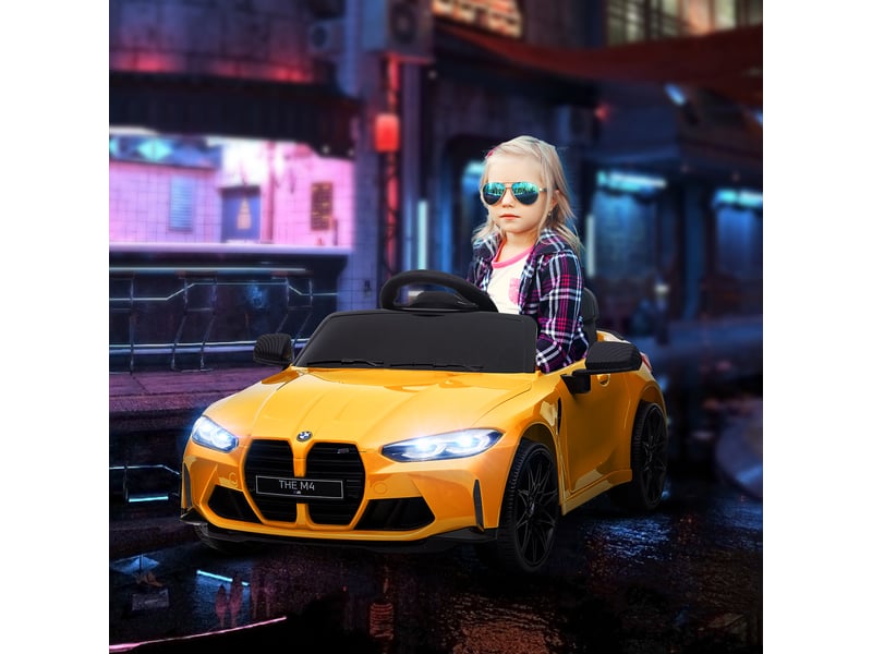  Voiture électrique pour enfants bmw m4, effets sonores et lumineux, 3-5 kmh, télécommande incluse, pour les enfants de 3 à 5 ans, jaune  - Conforama D