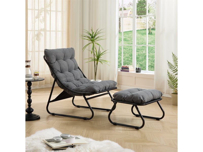  Fauteuil de jardin avec repose-pied - 65x78x86cm - chaise lounge relax avec coussin moelleux - acier &amp; velours côtelé - gris  - Conforama C
