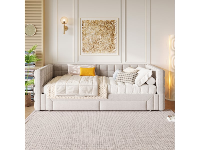 Lit banquette extensible 90x200 cm en velours beige avec 2 tiroirs - Conforama E