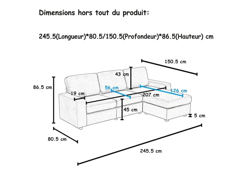  Canapé d'angle avec rangement 3 places - canapé avec méridienne réversible 245,5 cm - gris clair  - Conforama C