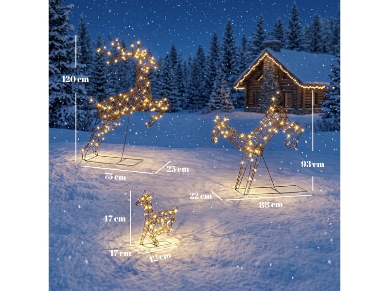  Lot de 3 rennes lumineux noël extérieur 120 cm, cerf lumineux noël avec 200 led blanc chaud, 8 modes et minuterie  - Conforama E