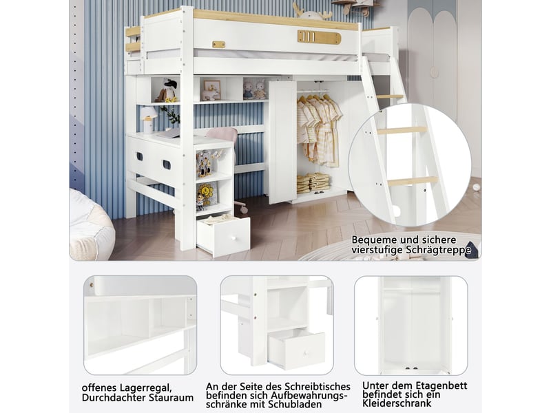  Lit mezzanine enfant 90x200cm avec bureau et armoire - lit enfant - blanc et bois, pin massif, étagères ouvertes  - Conforama D