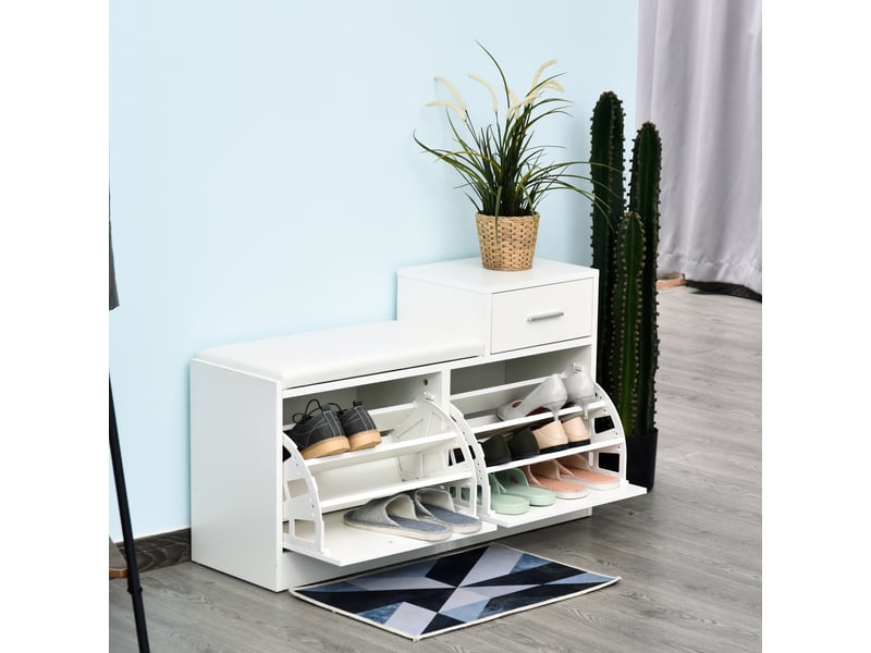  Meuble à chaussures moderne avec banc rembourré, pour 12 paires, 94,5×57×30 cm, blanc  - Conforama D