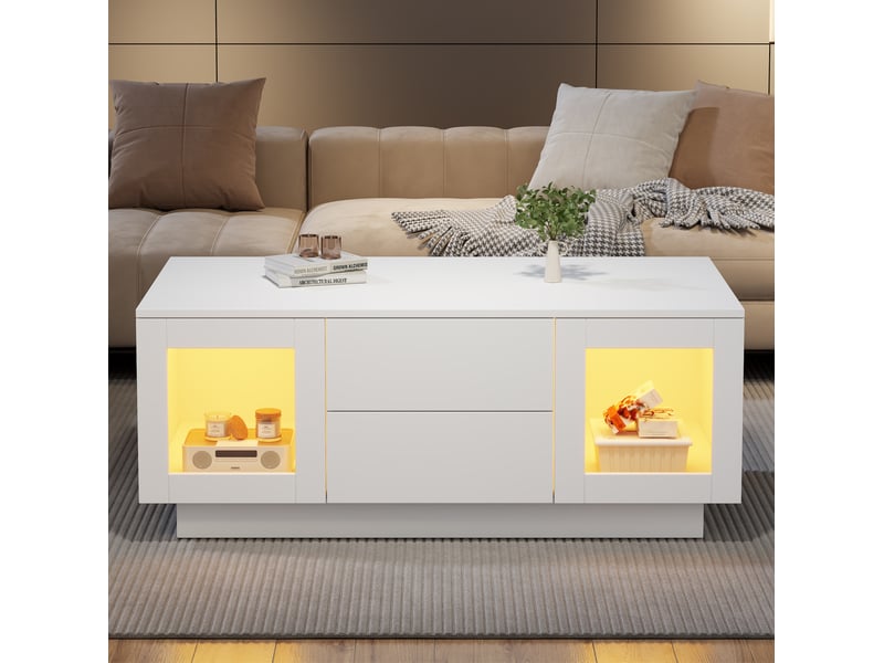  Table basse tcqpz 100 x 50 x 40 cm avec rangement led rgb contrôle par application mdf blanc brillant  - Conforama D
