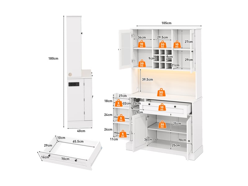  Vitrine de cuisine haute avec led et prise, armoire de rangement avec range-épices et étagères réglables, buffet vaisselier, 180 × 105 × 40 cm, blanc CARDUME ESTIVAL - Conforama C