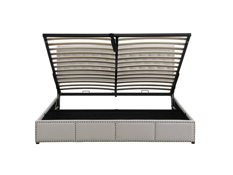  Lit coffre enfant 140x190 cm avec tête de lit et sommier, rangement et décor à rivets, lin, gris clair, sans matelas  - Conforama D