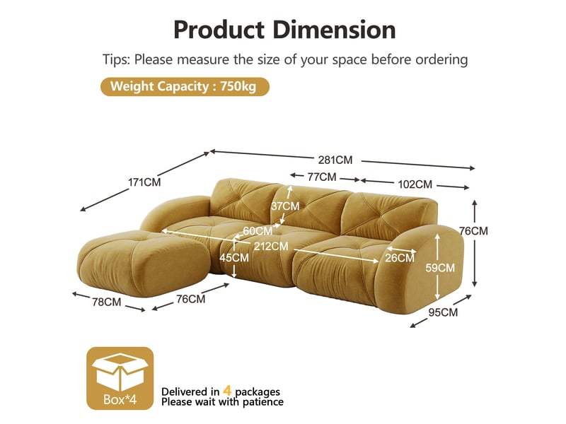  Canapé modulaire en chenille avec assise moelleuse, structure sans cadre et pieds d’appoint, jaune  - Conforama E