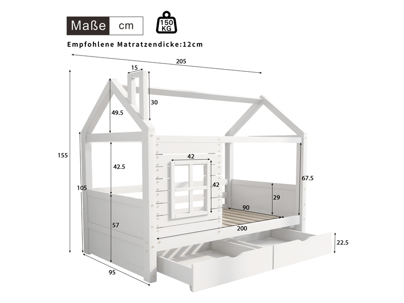  Modenvie lit cabane enfant 90x200 cm - avec tiroirs de rangement, sommier inclus, sans matelas - blanc  - Conforama C