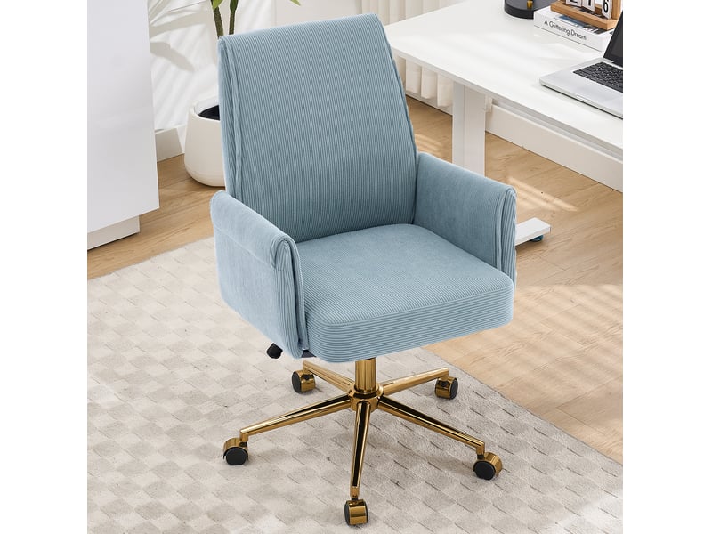  Chaise de bureau ergonomique avec soutien lombaire et accoudoirs, en velours côtelé bleu, base métallique dorée  - Conforama C