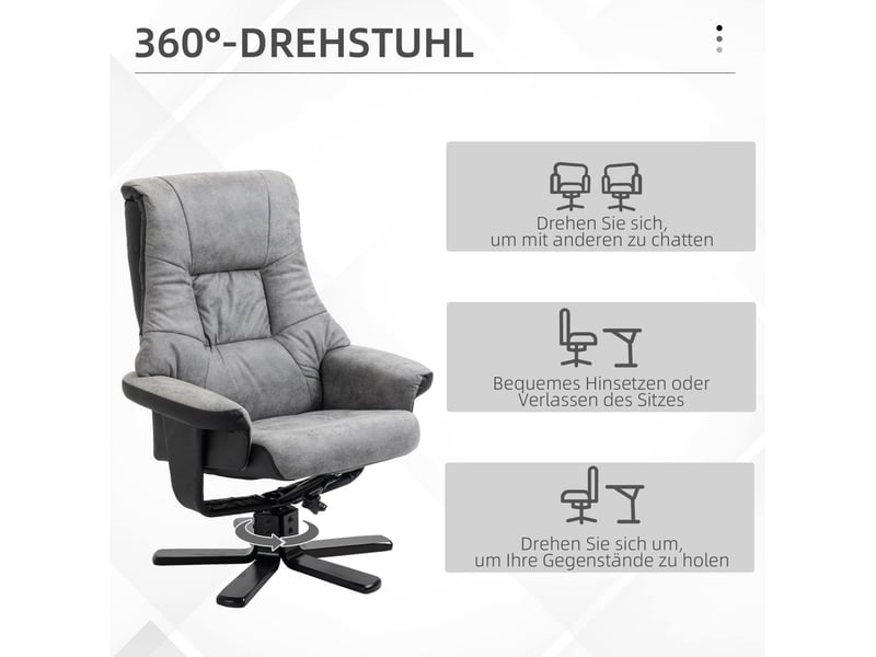  Fauteuil relax pivotant à 360° avec dossier inclinable à 135° et pouf repose-pieds en microfibre grise  - Conforama D