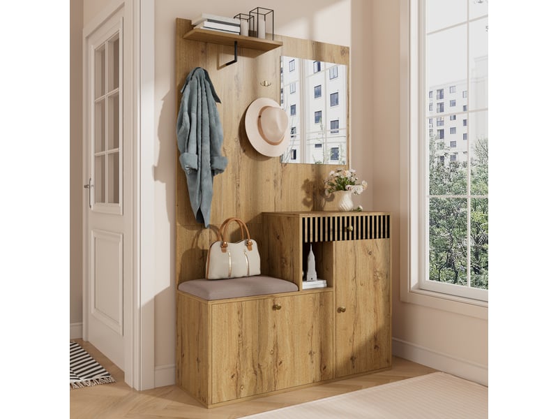  Portemanteau avec banc et rangement 110 x 185,5 cm en mdf noir et naturel  - Conforama B