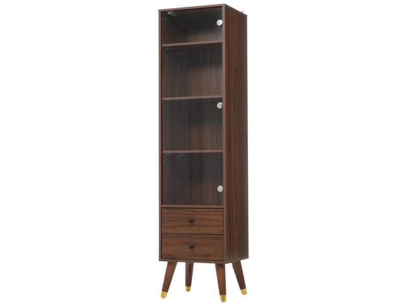  Vitrine haute 39,8 x 35 x 160 cm noyer foncé mdf, porte vitrée, 2 tiroirs et étagères réglables  - Conforama D