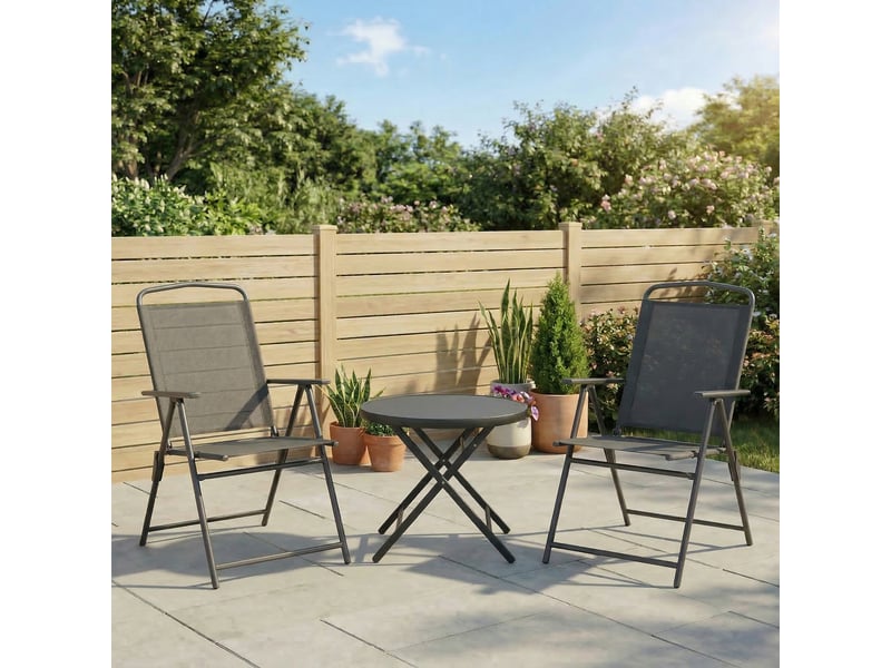  Ensemble de jardin 3 pièces comprenant 2 chaises (53,5 x 64 x 93 cm) et une table basse (ø 45 x 50 cm), en métal gris foncé.  - Conforama C