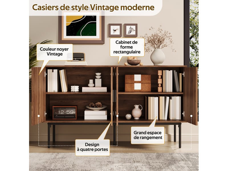  Buffet moderne 140x40x80 cm, avec 4 portes en rotin, grand espace de rangement, meuble de cuisine et salon, mdf naturel  - Conforama E