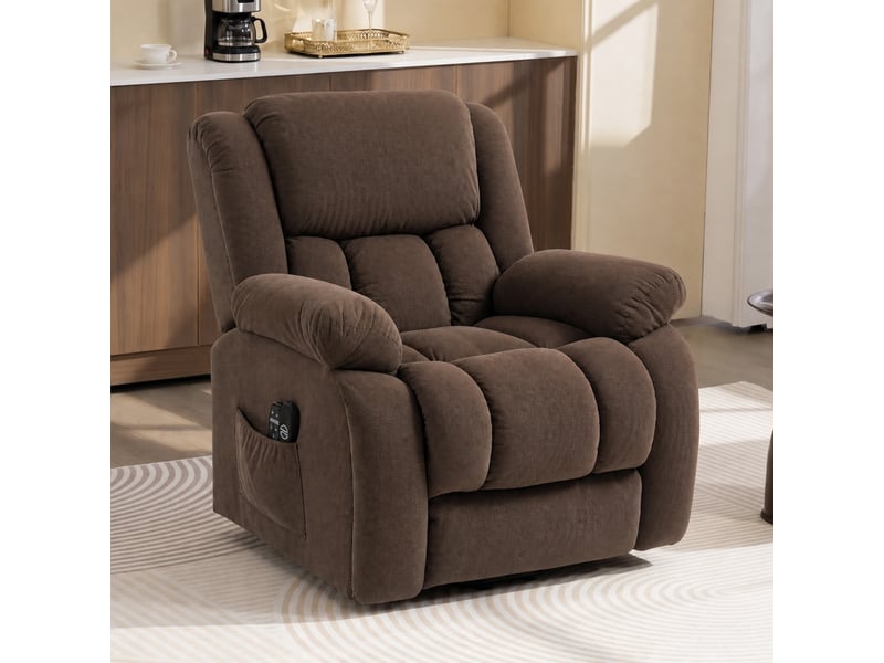  Fauteuil releveur électrique, massage et chauffage, repose-pieds, dossier inclinable, télécommande, 93x104x100cm, marron  - Conforama A