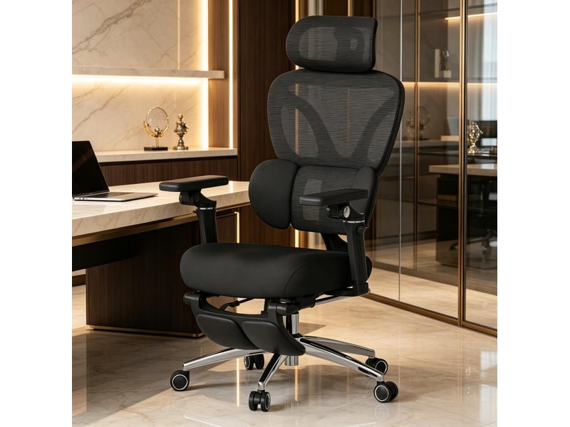  Fauteuil de bureau noir avec repose-pieds escamotable, appuie-tête et soutien lombaire réglables  - Conforama C
