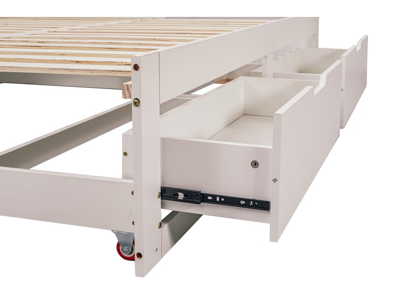  Lit combiné 90×200 à 180×200 cm 3-en-1 en l avec bureau et rangement, cadre en bois et mdf, sommier à lattes, tiroirs sous le lit et étagères ouvertes, tête de lit rembourrée  - Conforama E