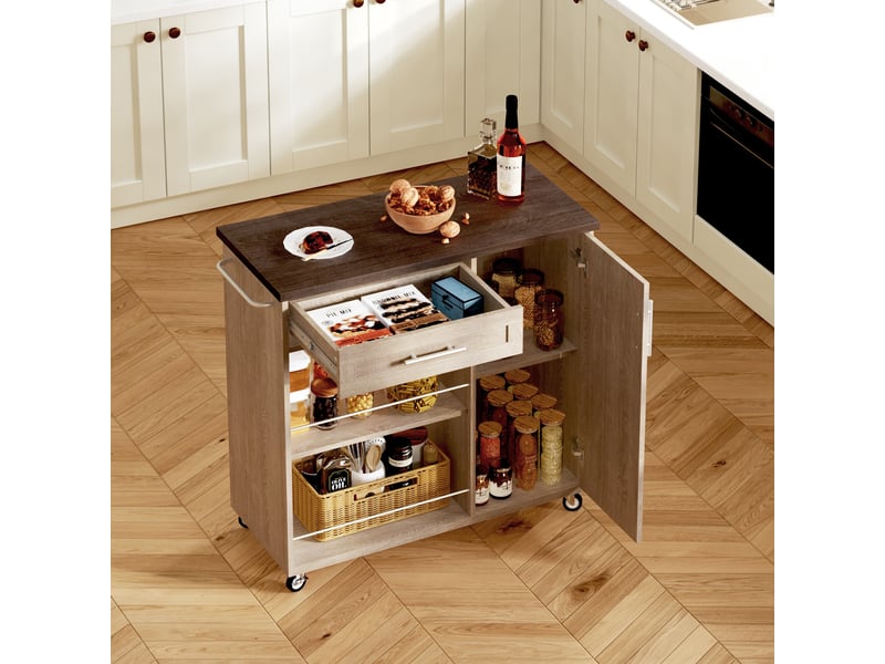 Chariot de cuisine à roulettes îlot de cuisine mobile avec tiroir et étagères 90x62x90 cm chêne sonoma - Conforama E