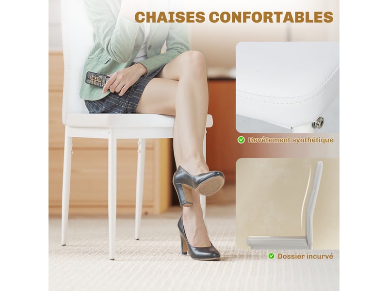  Ensemble table à manger et chaises pour 4 personnes, plateau rectangulaire en verre, blanc, pour cuisine salon maison  - Conforama R