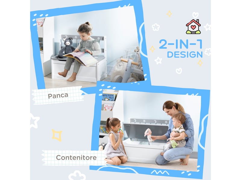  Banc de rangement pour jouets moderne avec vérin à gaz, en mdf et pin, 60 x 30 x 50 cm, blanc et gris  - Conforama E