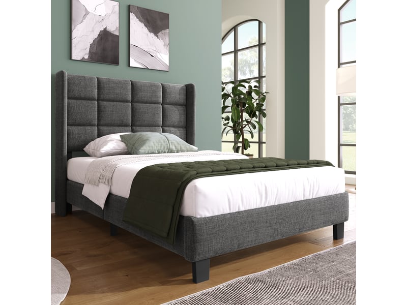  Lit capitonné, lit enfant 90x200 cm, sommier à lattes, matelas inclus, lin gris  - Conforama E