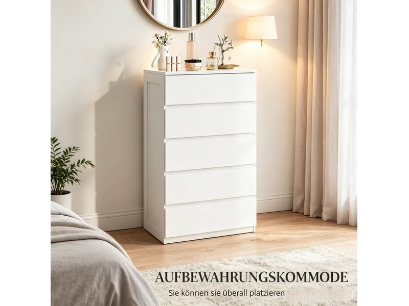  Commode moderne 60x39x100 cm avec 5 tiroirs, panneau de particules, finition lisse et brillante, blanc  - Conforama E
