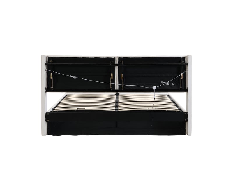  Lit coffre 140x200 cm multifonction avec led et port usb, pu, blanc, sans matelas  - Conforama E