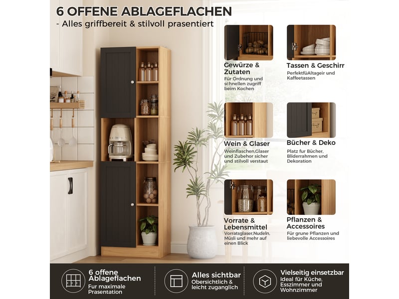  Armoire d'angle cuisine meuble d'angle haut avec 6 étagères ouvertes et 2 portes, anthracite et chêne, 50x35.5x170cm  - Conforama R