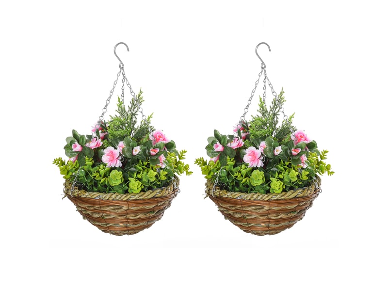  Lot de 2 lisianthus artificiels avec pot et crochet, plantes artificielles en pe et osier, ø 25 x 34 cm, vert et rose  - Conforama A