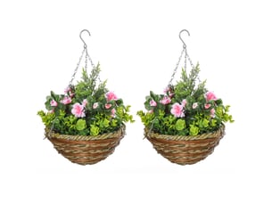 Lot de 2 lisianthus artificiels avec pot et crochet, plantes artificielles en pe et osier, ø 25 x 34 cm, vert et rose